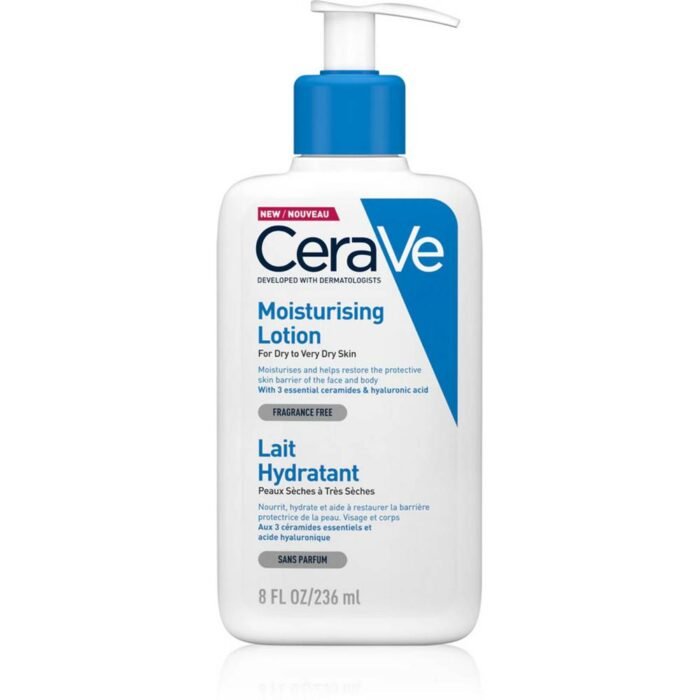 "CeraVe Moisturizing Lotion 236 ml hydrates, restores the skin barrier, and soothes sensitive skin for 24-hour moisture."