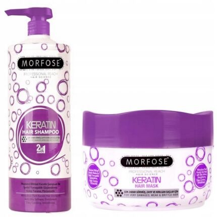 Cheveux abîmés et affaiblis nécessitant réparation,-MORFOSE, Keratin Set for Damaged Hair, Shampoo & Mask 1000-500 ml,