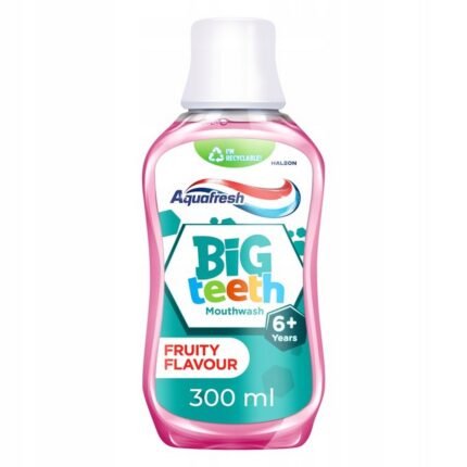 Hard-to-reach areas missed by brushing,-Aquafresh Big Teeth Mouthwash for Children Fruity 6+, 300 ml, Risk of cavities in growing teeth,-Aquafresh Big Teeth Mouthwash for Children Fruity 6+, 300 ml, Weak enamel in children’s teeth,-Aquafresh Big Teeth Mouthwash for Children Fruity 6+, 300 ml, Difficulty encouraging children to use mouthwash,-Aquafresh Big Teeth Mouthwash for Children Fruity 6+, 300 ml.