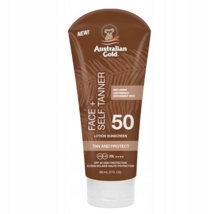 Need for sun protection with tanning benefits,-Australian Gold SPF50 Self-Tanning Face Cream, 88 ml, Uneven or patchy facial tanning,-Australian Gold SPF50 Self-Tanning Face Cream, 88 ml, Risk of UV damage and premature aging,-Australian Gold SPF50 Self-Tanning Face Cream, 88 ml, Dull and tired-looking skin,-Australian Gold SPF50 Self-Tanning Face Cream, 88 ml.