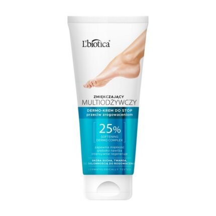 L'biotica Softening Dermo-Cream reduces calluses, softens rough skin, and hydrates for smooth, refreshed feet daily.