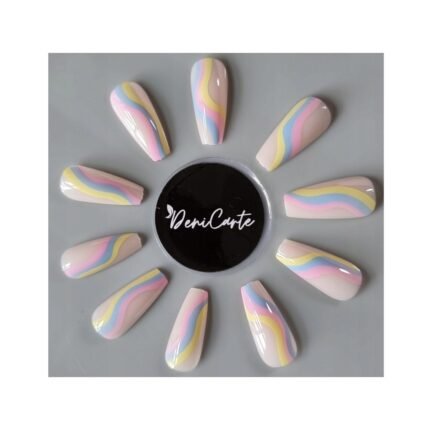 Hard to achieve trendy swirl nail designs at home-Deni Carte Artificial Nails Tips Colorful Swirl Coffin with Glue 24pcs